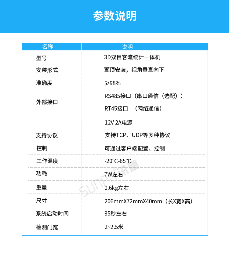 3D客流量計數器產品參數