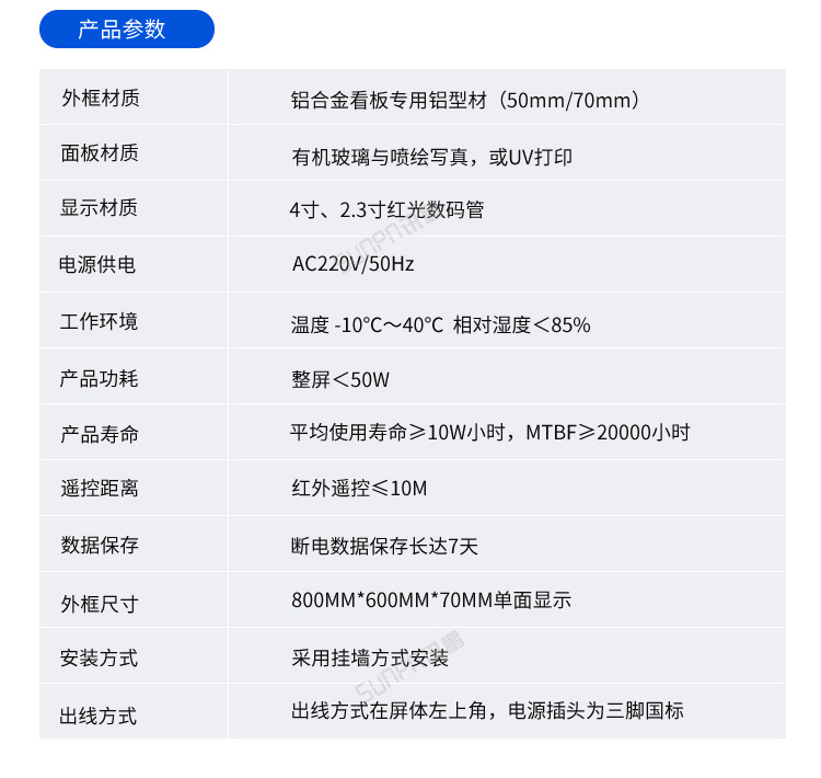LED天數倒計時牌-產品參數 